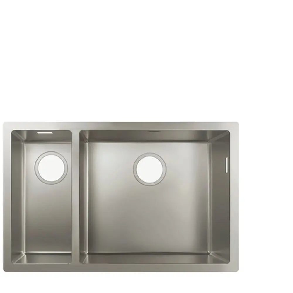 Edelstahl-Doppelsenkbecken mit zwei gleich großen Becken und runden Löchern in jeder Beckenmitte. Unterbaustil, geeignet für die Montage in Küchen. Von Hansgrohe.